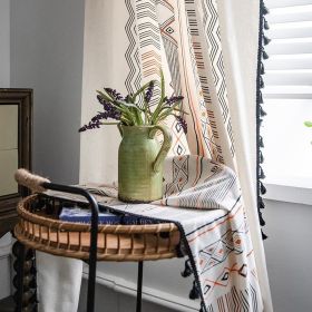 Boho Cream Cotton And Linen Print Sun Shade Non-punched Curtain Fabric (Option: Hook fringe curtains-W135xH46CM)