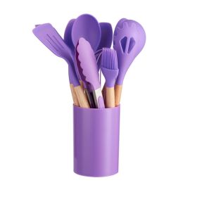 12-piece Silicone Kitchenware With Wooden Handle (Option: Purple-12pcs Set)