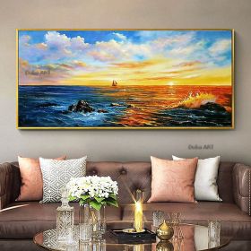 Handmade Hand Painted Wall Art On Canvas Horizontal Panoramic Abstract Modern Landscape Nightfall Sea Sky Home Living Room hallway bedroom luxurious d (size: 70x140cm)