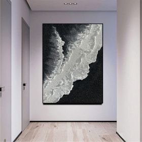 Modern Abstract handpainted large size wholesale prodcut ocean seaside thick grey and black Oil painting Simple Design Wall Art (size: 70x140cm)